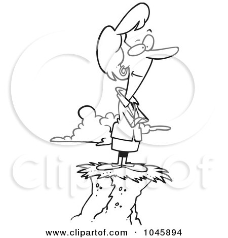 Royalty-Free (RF) Clip Art Illustration of a Cartoon Black And White Outline Design Of A Successful Businesswoman On Top Of A Hill by toonaday