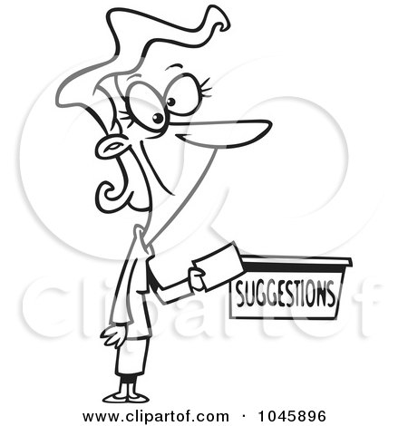 Royalty-Free (RF) Clip Art Illustration of a Cartoon Black And White Outline Design Of A Businesswoman Putting A Comment In A Suggestion Box by toonaday