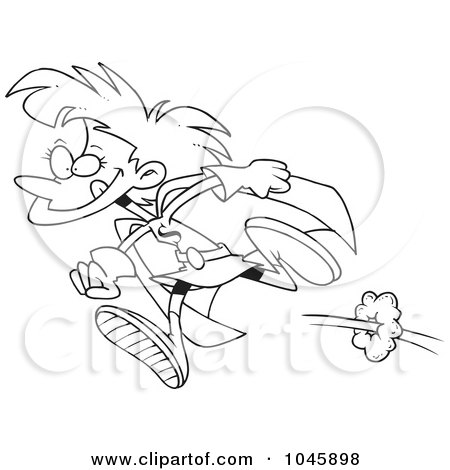 Royalty-Free (RF) Clip Art Illustration of a Cartoon Black And White Outline Design Of A Super Girl Running by toonaday