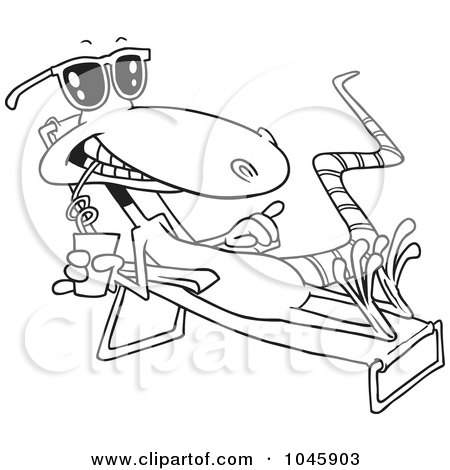 Royalty-Free (RF) Clip Art Illustration of a Cartoon Black And White Outline Design Of A Sun Bathing Lizard by toonaday