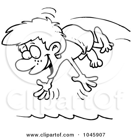 Royalty-Free (RF) Clip Art Illustration of a Cartoon Black And White Outline Design Of A Diving Boy by toonaday