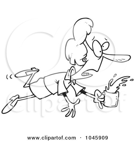 Royalty-Free (RF) Clip Art Illustration of a Cartoon Black And White Outline Design Of A Stumbling Businesswoman Spilling Coffee by toonaday