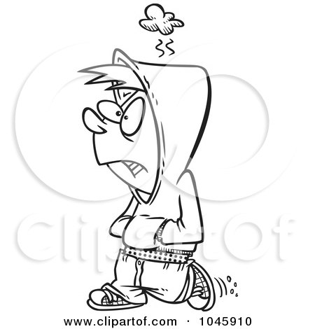 Royalty-Free (RF) Clip Art Illustration of a Cartoon Black And White Outline Design Of A Surly Boy by toonaday