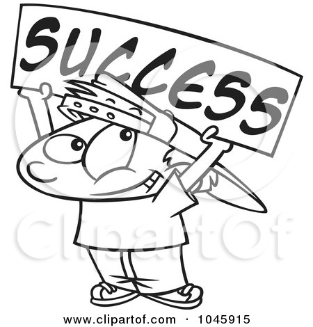 Royalty-Free (RF) Clip Art Illustration of a Cartoon Black And White Outline Design Of A Boy Holding A Success Banner by toonaday