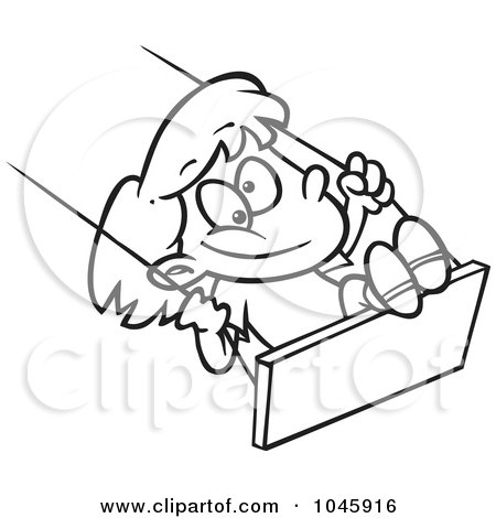 Royalty-Free (RF) Clip Art Illustration of a Cartoon Black And White Outline Design Of A Girl Swinging by toonaday