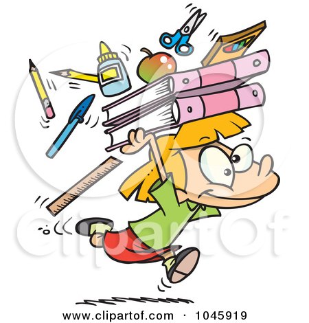 Royalty-Free (RF) Clip Art Illustration of a Cartoon School Girl Running With Supplies by toonaday