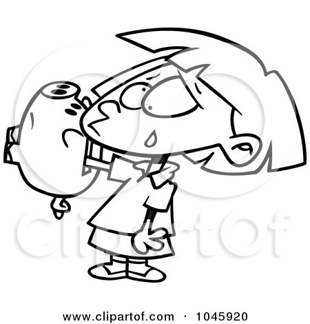 Royalty-Free (RF) Clip Art Illustration of a Cartoon Black And White Outline Design Of A Girl With Her Hand Stuck In A Piggy Bank by toonaday