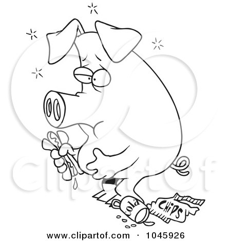 Royalty-Free (RF) Clip Art Illustration of a Cartoon Black And White Outline Design Of A Stuffed Pig Eating Junk Food by toonaday