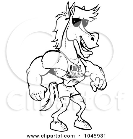 Royalty-Free (RF) Clip Art Illustration of a Cartoon Black And White Outline Design Of A Studly Lifeguard Horse by toonaday