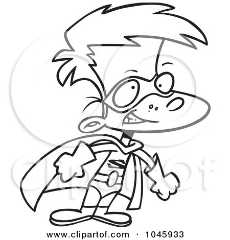 Royalty-Free (RF) Clip Art Illustration of a Cartoon Black And White Outline Design Of A Super Boy In A Cape by toonaday