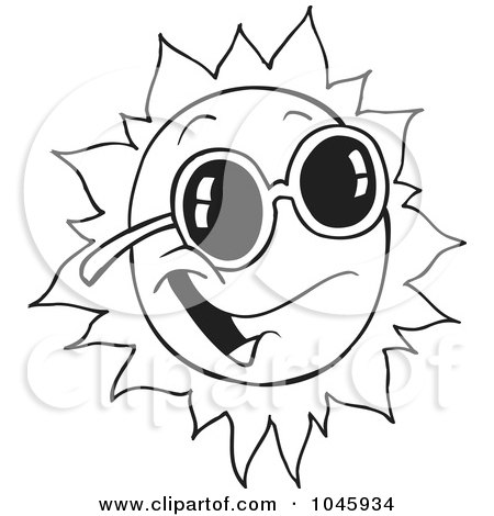 Royalty-Free (RF) Clip Art Illustration of a Cartoon Black And White Outline Design Of A Happy Sun Wearing Shades by toonaday