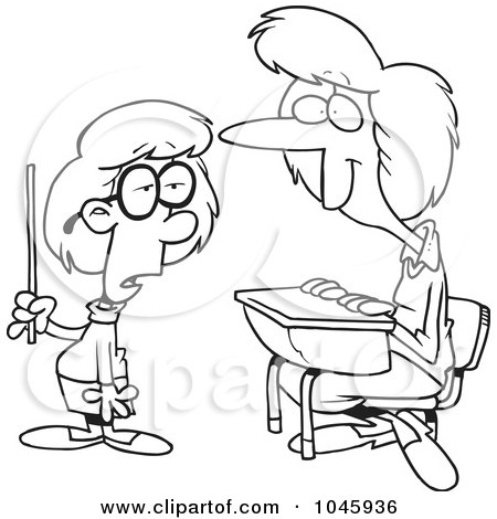 Royalty-Free (RF) Clip Art Illustration of a Cartoon Black And White Outline Design Of A Smart School Girl Giving Her Teacher A Lesson by toonaday