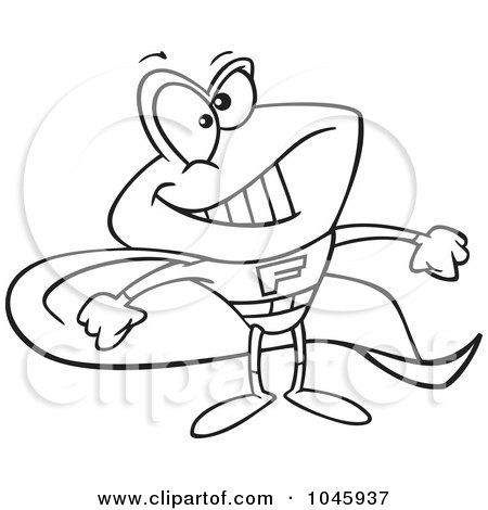 Royalty-Free (RF) Clip Art Illustration of a Cartoon Black And White Outline Design Of A Super Frog by toonaday