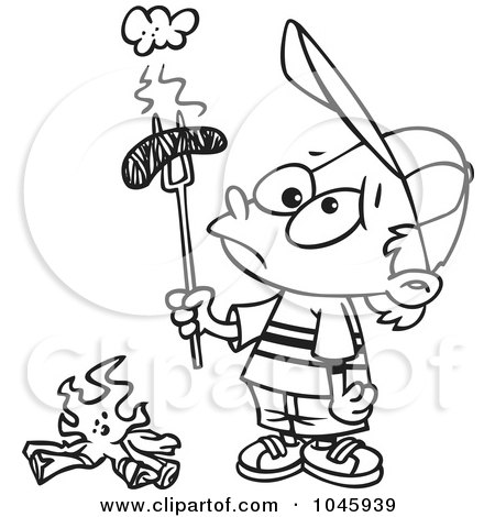 Royalty-Free (RF) Clip Art Illustration of a Cartoon Black And White Outline Design Of A Boy Holding A Burnt Weenie Over A Fire by toonaday