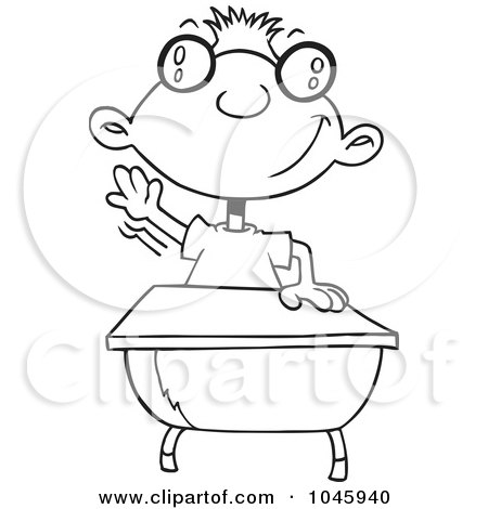 Royalty-Free (RF) Clip Art Illustration of a Cartoon Black And White Outline Design Of A Geeky School Boy Raising His Hand by toonaday