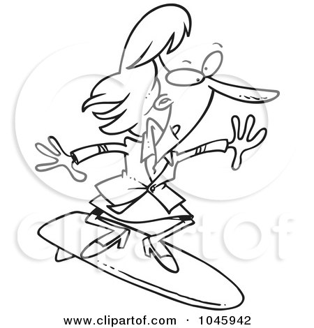Royalty-Free (RF) Clip Art Illustration of a Cartoon Black And White Outline Design Of A Businesswoman Surfing by toonaday