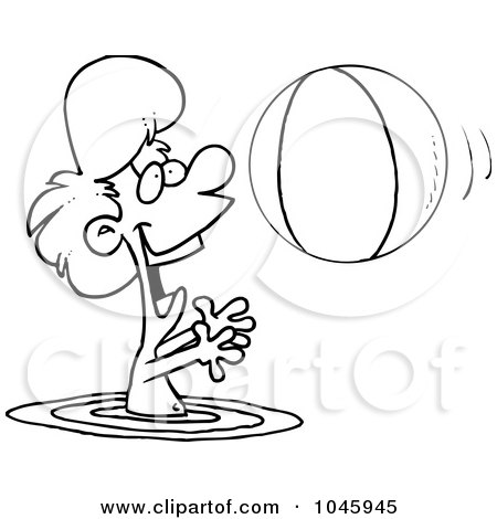 Royalty-Free (RF) Clip Art Illustration of a Cartoon Black And White Outline Design Of A Boy Playing With A Beach Ball In The Water by toonaday