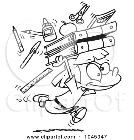 Royalty-Free (RF) Clip Art Illustration of a Cartoon Black And White Outline Design Of A School Girl Running With Supplies by toonaday