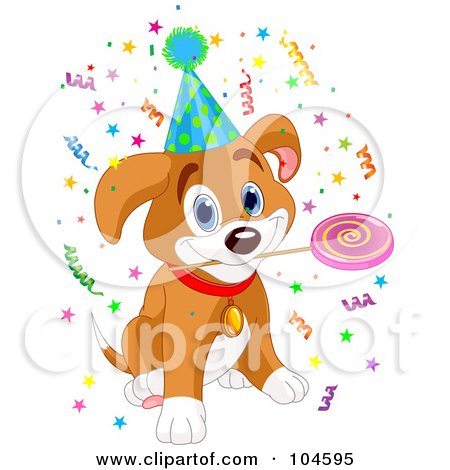 Royalty-Free (RF) Clipart Illustration of a Birthday Beagle Puppy With A Lolipop In His Mouth, Wearing A Party Hat, Surrounded By Confetti by Pushkin