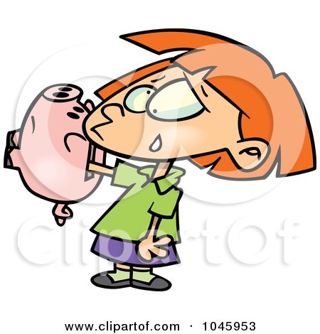 Royalty-Free (RF) Clip Art Illustration of a Cartoon Girl With Her Hand Stuck In A Piggy Bank by toonaday