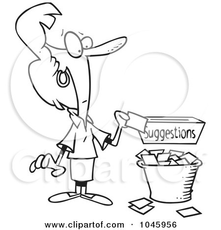 Royalty-Free (RF) Clip Art Illustration of a Cartoon Black And White Outline Design Of A Businesswoman Putting A Complaint In A Suggestion Box by toonaday