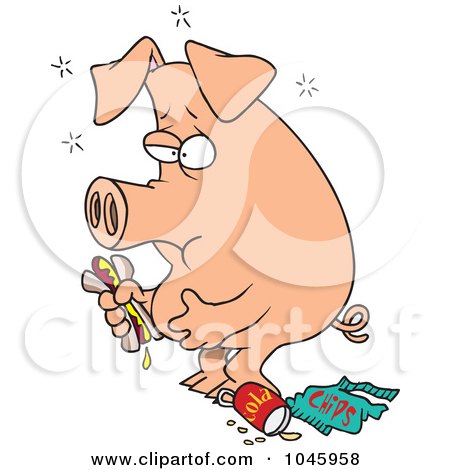 Royalty-Free (RF) Clip Art Illustration of a Cartoon Stuffed Pig Eating Junk Food by toonaday