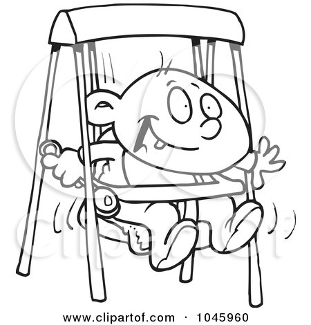 Royalty-Free (RF) Clip Art Illustration of a Cartoon Black And White Outline Design Of A Happy Baby Boy In A Swing by toonaday
