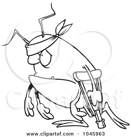 Royalty-Free (RF) Clip Art Illustration of a Cartoon Black And White Outline Design Of A Survivor Bug Using A Crutch by toonaday