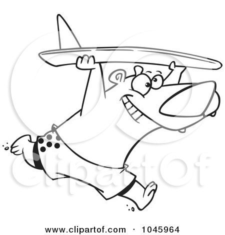 Royalty-Free (RF) Clip Art Illustration of a Cartoon Black And White Outline Design Of A Surfer Bear by toonaday