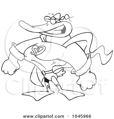 Royalty-Free (RF) Clip Art Illustration of a Cartoon Black And White Outline Design Of A Super Duck by toonaday