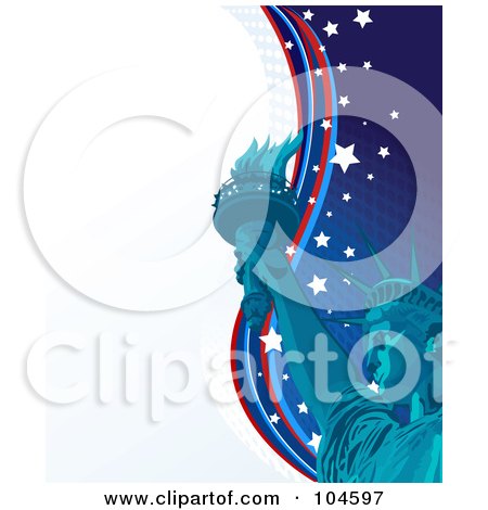 Royalty-Free (RF) Clipart Illustration of a Blue Statue Of Liberty Holding Up A Torch Over A Wavy White And Blue Starry Background by Pushkin