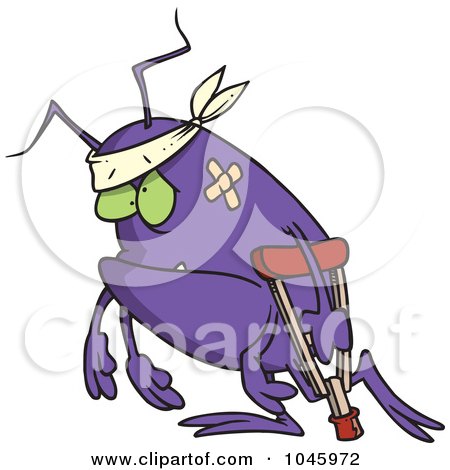 Royalty-Free (RF) Clip Art Illustration of a Cartoon Survivor Bug Using A Crutch by toonaday
