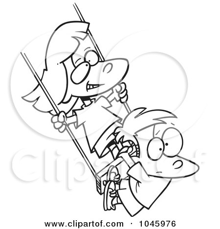 Royalty-Free (RF) Clip Art Illustration of a Cartoon Black And White Outline Design Of A Girl And Boy Swinging by toonaday