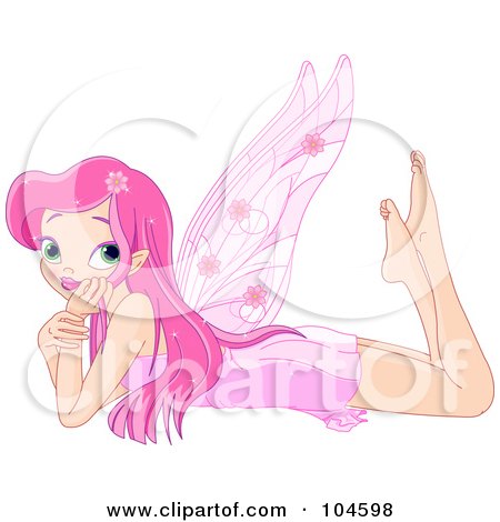 Royalty-Free (RF) Clipart Illustration of a Pretty Fairy Girl With Long Pink Hair, Laying On Her Tummy And Resting Her Head In Her Hand by Pushkin