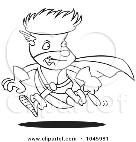 Royalty-Free (RF) Clip Art Illustration of a Cartoon Black And White Outline Design Of A Super Boy Running by toonaday