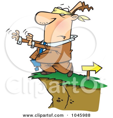 Royalty-Free (RF) Clip Art Illustration of a Cartoon Blindfolded Businessman Walking Towards A Cliff by toonaday