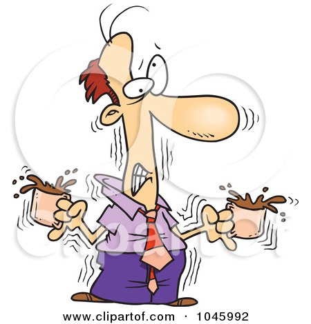 Royalty-Free (RF) Clip Art Illustration of a Cartoon Jittery Businessman With Two Cups Of Coffee by toonaday