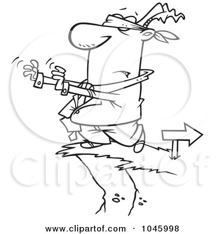 Royalty-Free (RF) Clip Art Illustration of a Cartoon Black And White Outline Design Of A Blindfolded Businessman Walking Towards A Cliff by toonaday