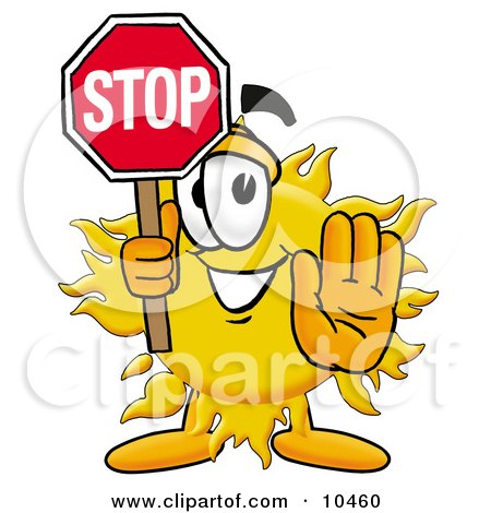 Clipart Picture of a Sun Mascot Cartoon Character Holding a Stop Sign by Mascot Junction