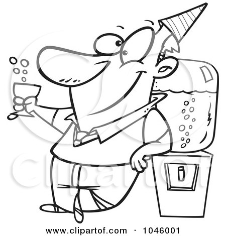Royalty-Free (RF) Clip Art Illustration of a Cartoon Black And White Outline Design Of A Businessman Cheering By The Cooler by toonaday