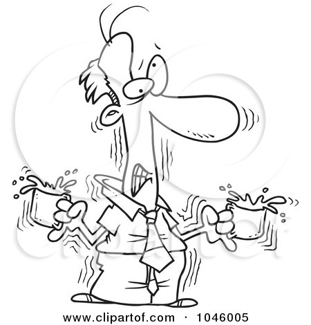 Royalty-Free (RF) Clip Art Illustration of a Cartoon Black And White Outline Design Of A Jittery Businessman With Two Cups Of Coffee by toonaday