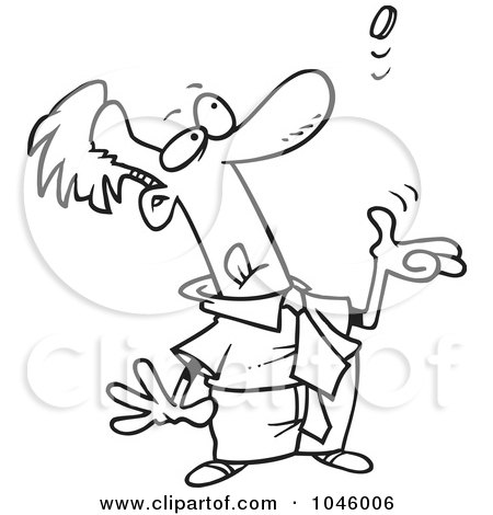 Royalty-Free (RF) Clip Art Illustration of a Cartoon Black And White Outline Design Of A Businessman Tossing A Coin by toonaday