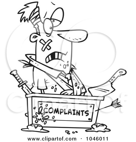 Royalty-Free (RF) Clip Art Illustration of a Cartoon Black And White Outline Design Of A Beat Up Businessman At A Complaints Desk by toonaday