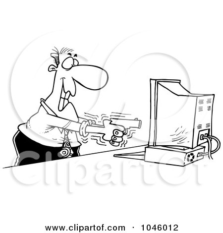 Royalty-Free (RF) Clip Art Illustration of a Cartoon Black And White Outline Design Of A Businessman Shooting A Computer by toonaday