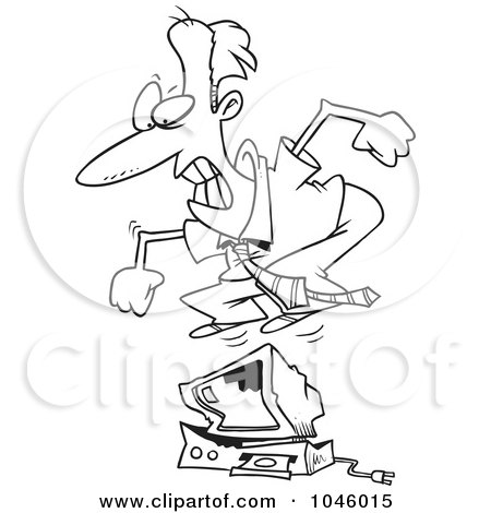Royalty-Free (RF) Clip Art Illustration of a Cartoon Black And White Outline Design Of A Businessman Jumping On A Computer by toonaday