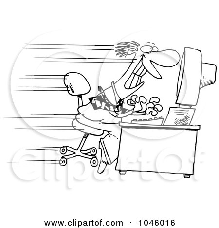 Royalty-Free (RF) Clip Art Illustration of a Cartoon Black And White Outline Design Of A Man Speeding By On A Computer by toonaday