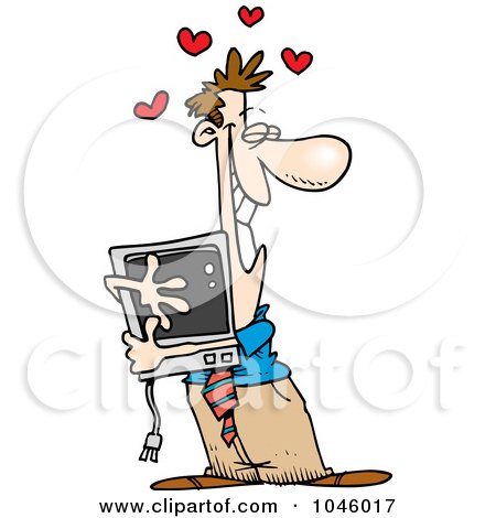 Royalty-Free (RF) Clip Art Illustration of a Cartoon Businessman Hugging His Computer by toonaday