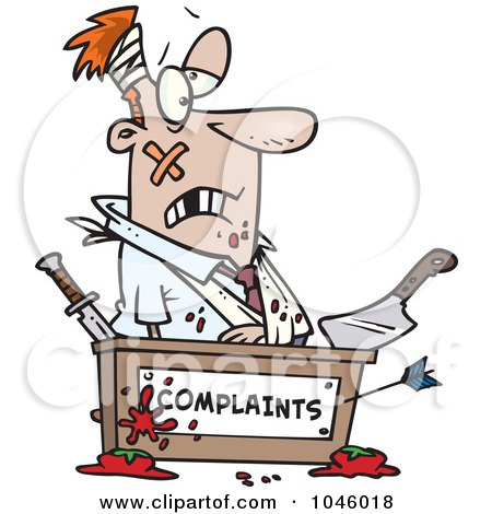 Royalty-Free (RF) Clip Art Illustration of a Cartoon Beat Up Businessman At A Complaints Desk by toonaday