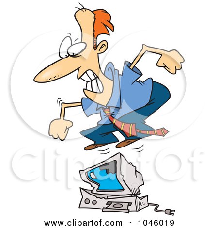 Royalty-Free (RF) Clip Art Illustration of a Cartoon Businessman Jumping On A Computer by toonaday