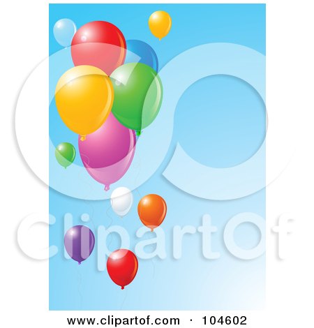 Royalty-Free (RF) Clipart Illustration of Colorful Party Balloons Floating Over A Clear, Gradient Blue Sky by Pushkin